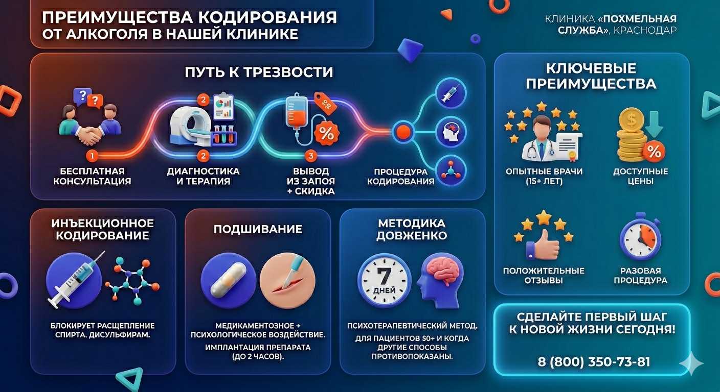 Инфографика о методах кодирования от алкоголя в Карталах: инъекции, подшивание, метод Довженко. Преимущества клиники и этапы лечения.